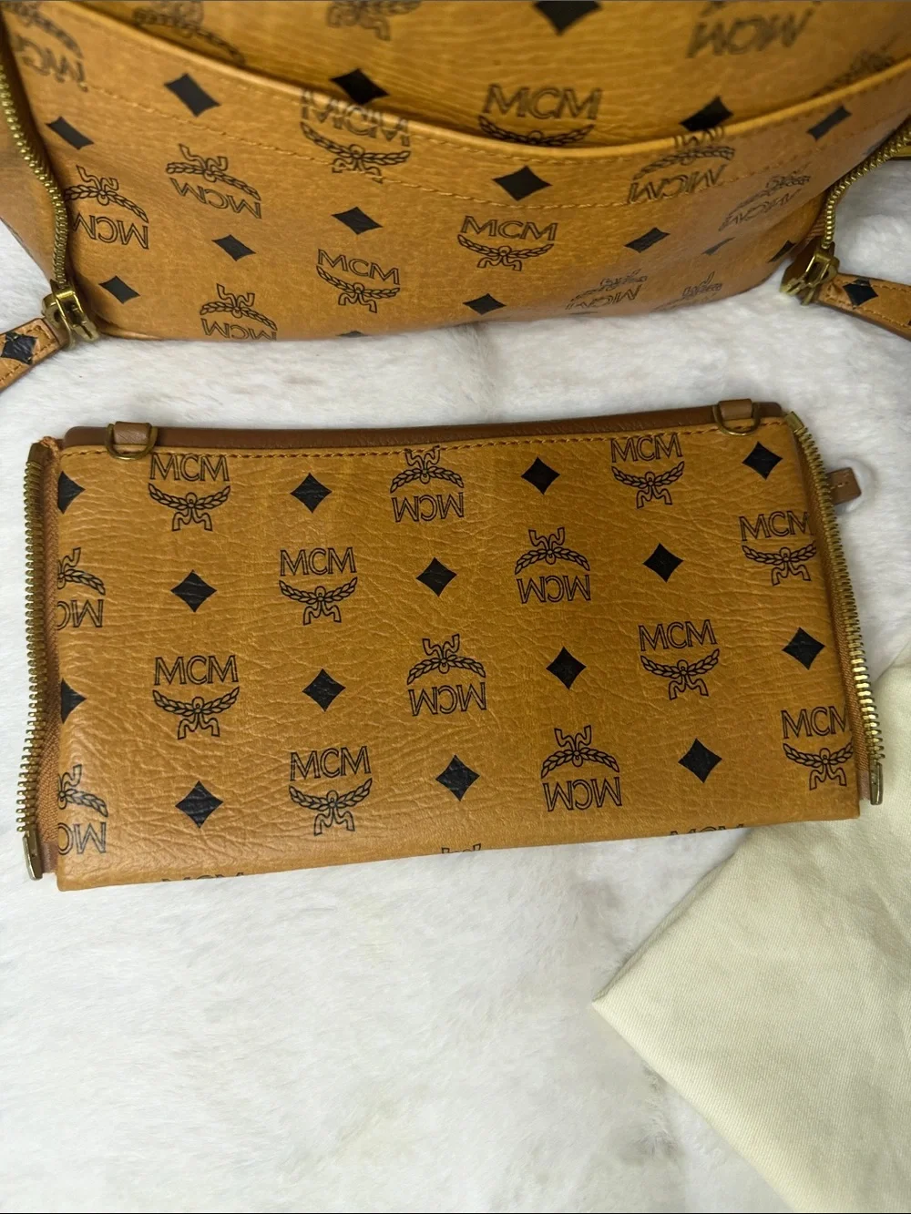 MCM Cognac Visetos Monogram Studded 2- Way Backpack Removable Pouch and Strap